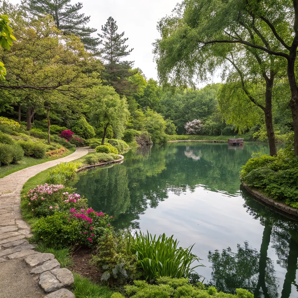 Beautiful artificial pond with surrounding greenery